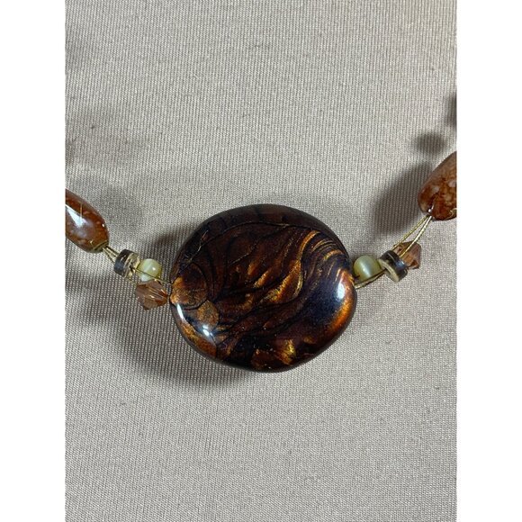 Copper Tone Wire Pearlescent Disc Stone Beaded Necklace Artisan Boho - Picture 2 of 5